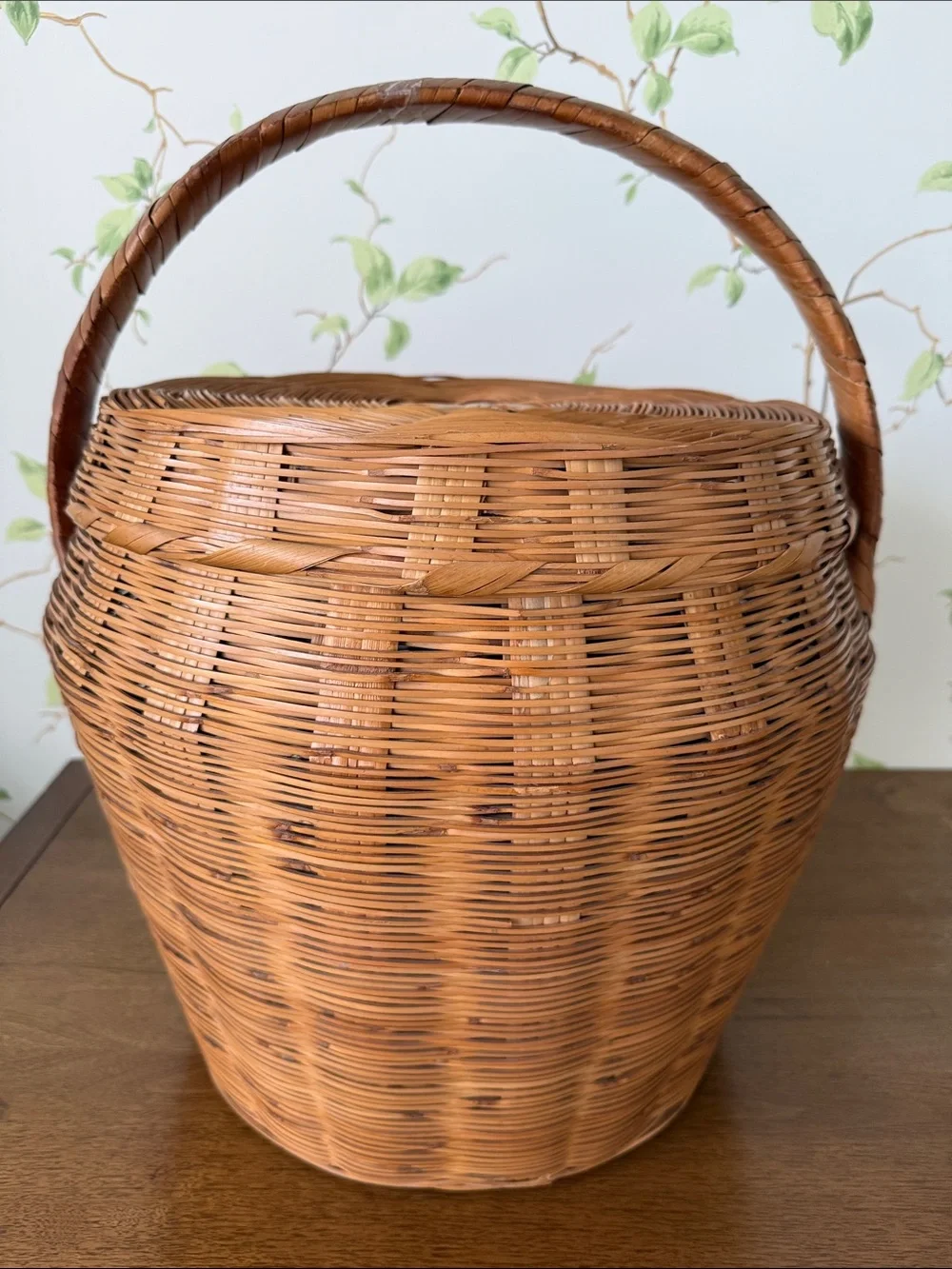 Vintage Hand-Woven Wicker Basket Lid and Sturdy Handle
